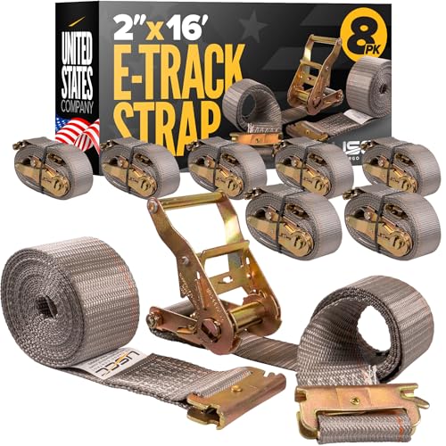 US Cargo Control E Track Straps 2 x 16 (8-Pack) 4 400 LBS Break Strength Gray Heavy Duty E Track Ratchet Straps with 4 Fixed End and Spring E-Fittings Logistic Tiedowns for Box Trucks Vans
