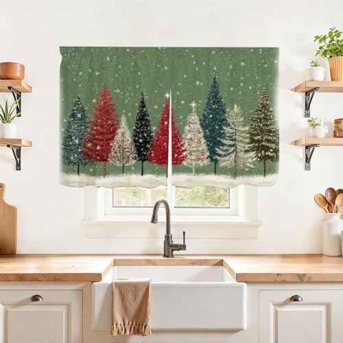 Image of Winter Colorful Pine Trees Snowfall Scene Cabinet Curtain 39.37 x 27.56 Inch Polyester Decorative Cover for Kitchen Sink Cabinet Bathroom Vanity Laundry Area Table Window Door