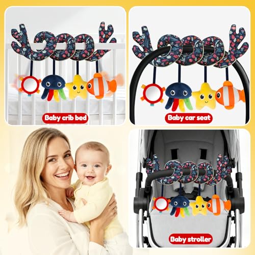 Image of TSYAN Ocean Theme Spiral Stroller Toy with Music & Mirror | Keep babies engaged on the go. Plush marine spiral toy features a safety mirror, musical sounds, and cute sea animals.