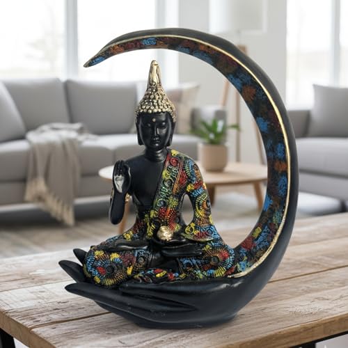 eCraftIndia Multicolor Resin Blessing Buddha Statue Sitting On Half Moon Palm | Lord Buddha Idol for Home Decor Living Room Office | Showpiece Gift for Diwali Buddha Purnima Birthday
