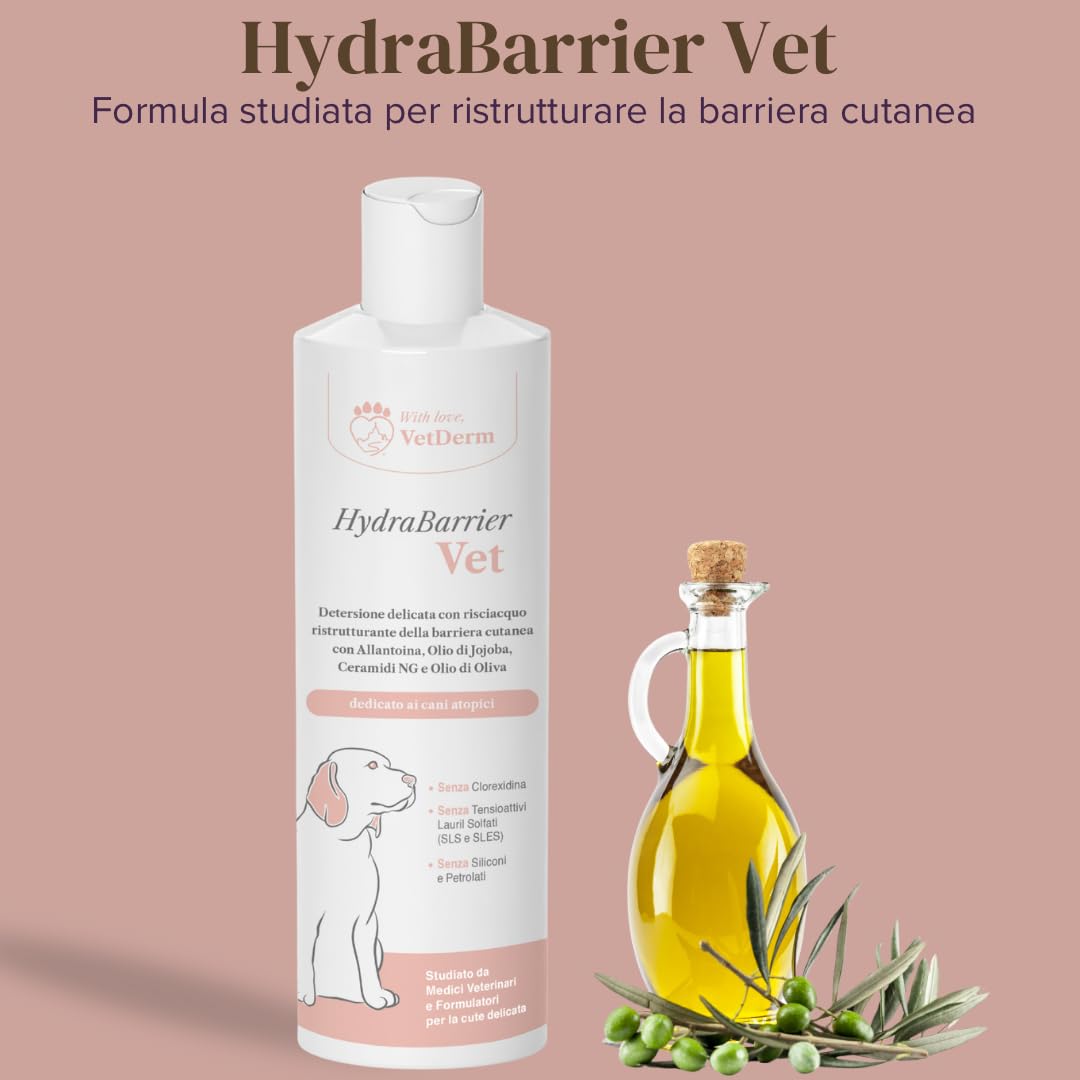 HydraBarrier Vet - Shampoo per Cani con Dermatite Atopica - Antiprurito, Emolliente e Idratante - Senza Alcol, Clorexidina, SLS/SLES e Siliconi - Per Tutte le Razze - 250ml