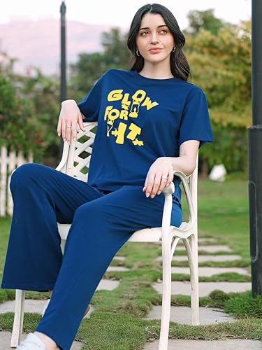 Image of ZEYO Night Suit for Women's Typography Printed Cotton Night Dress of Top and Wide Bottom Pyjama