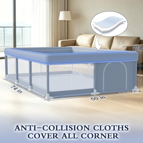 Image of XVISHX 74 x 50 Inch Baby Playpen, Playpen for Babies and Toddlers, Baby Play Pen Playard for Indoor & Outdoor Active Center Game Fence, with Skin-Friendly Fabric and Soft Breathable Mesh, Grey