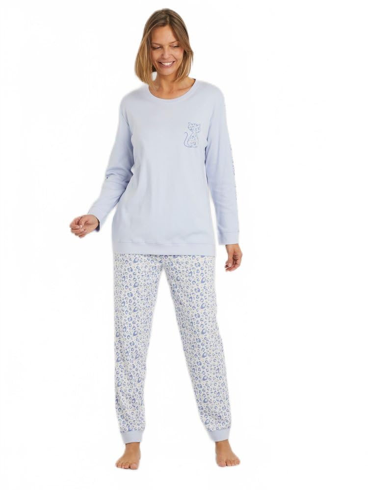 Afibel - Pyjama Manches Longues Coton Interlock Nuit Bleu Coton Peigné - Taille : 38/40