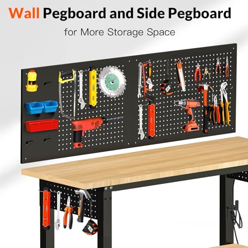 Image of 48x24 Adjustable Height Work Bench Heavy Duty Workbench for Garage with Under Table Shelf Rubber Wood Work Table with Pegboard for Shop Woodworking, Office, Home, Commercial