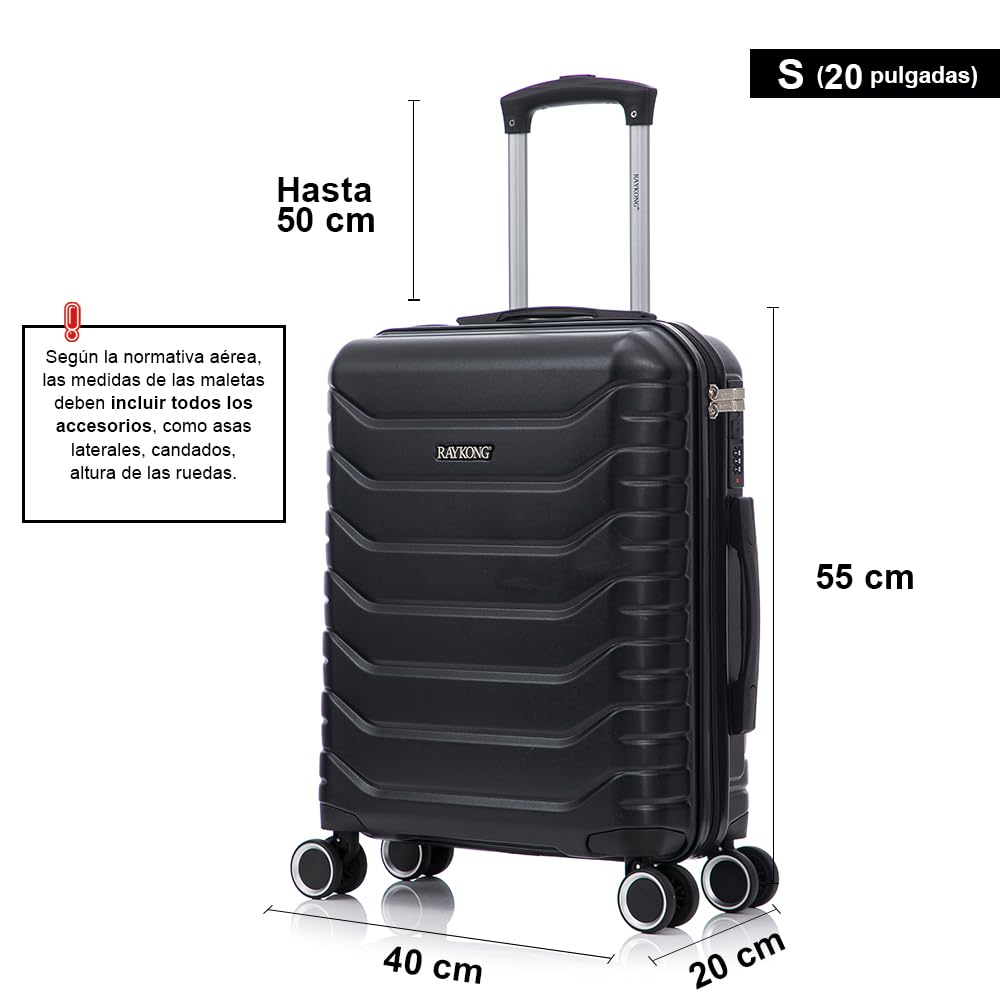 RAYKONG Maleta Cabina 55x40x20cm ABS+Policarbonato (40L) semirígida Equipaje de Mano pequeño 4 Ruedas giratorios a 360º Cierre numérico | Negro