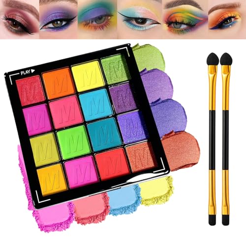 16 Colour Glitter Matte Shimmer Eyeshadow Palette with Brush – Waterproof Highly Pigmented Long Lasting Colourful Eye Shadow, Rainbow Neutral Dark Mini Sparkly Lilac Palette (Neon Style)