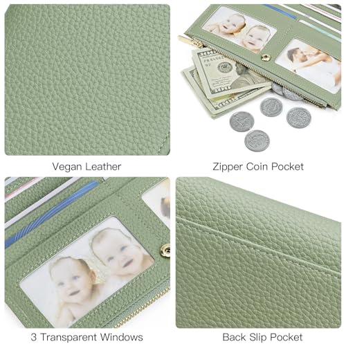 Image of GOIACII Slim Wallets for Women Rfid Blocking Leather Wallet Green | Credit Card Holder with Zip Pocket, Bifold Wallet,Vegan Leather,Ladies Clutch Purse,Compact Size,Flat Women Wallets