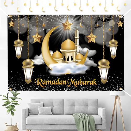 Ramadan Mubarak Banner Sfondo Decorazione Feste Eid Decorazioni per la Casa Musulmano Nero Oro Stelle Bandiera
