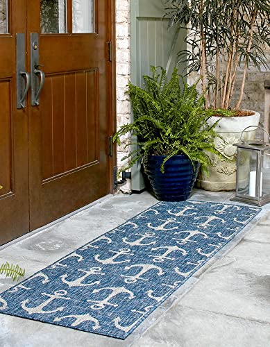 Unique Loom Outdoor Coastal Collection Area Rug - Ahoy (2' 7" x 12' Runner, Blue/ Ivory)