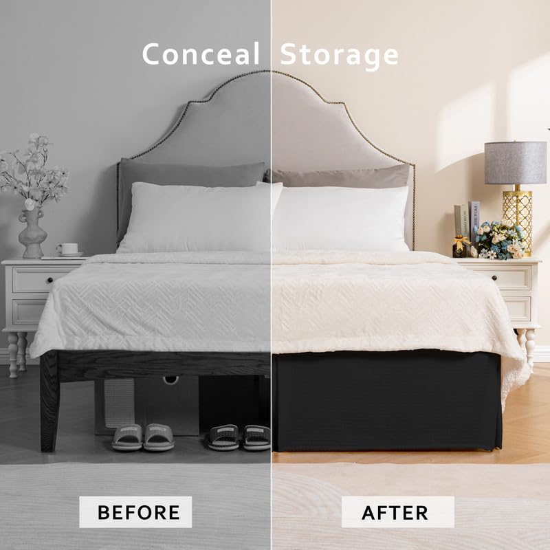 Image of MIYE Pleated Waffle Weave Bed Skirt, Tailored Dust Ruffle 14 Inch Drop Easy Fit, Machine Washable (Black, Queen - 14 inch Drop)