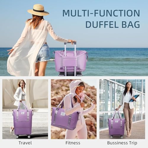 Image of Rolling Duffle Bag with Wheels, Expandable Foldable Travel Duffle Bag with Telescopic Handle, Portable Wheeled Luggage Bag for Travel, Lightweight Foldable Suitcase Bag for Men & Women (Purple)