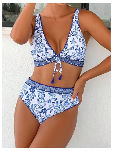 SweatyRocks Women's 2 Piece Bathing Suit Floral Print V Neck Bikini Swimsuit Tie Front High Waisted Bikini Set3