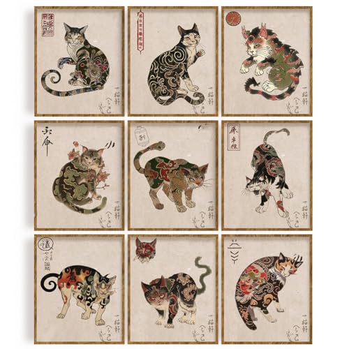 WEBEEDY Set of 9 Samurai Cat Wall Art Prints Japanese Cat Posters Vintage Japanese Samurai Cats Wall Hanging Decor 8x10 Inch Unframed Retro Tattoo Cats Painting Funny Picture Canvas Wall Art,20x25cm