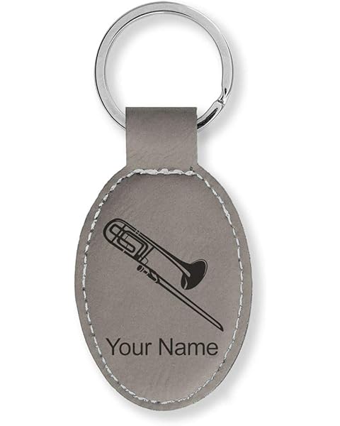 LaserGram Oval Keychain, Trombone, Personalized Engraving Included (Gray)