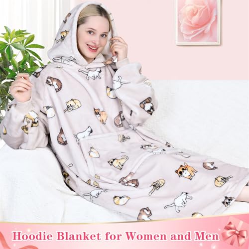 Image of Waitu Wearable Blanket Sweatshirt Gifts for Women and Men, Warm and Cozy Giant Blanket Hoodie, Thick Flannel Blanket with Sleeves and Giant Pocket - Cat Gray