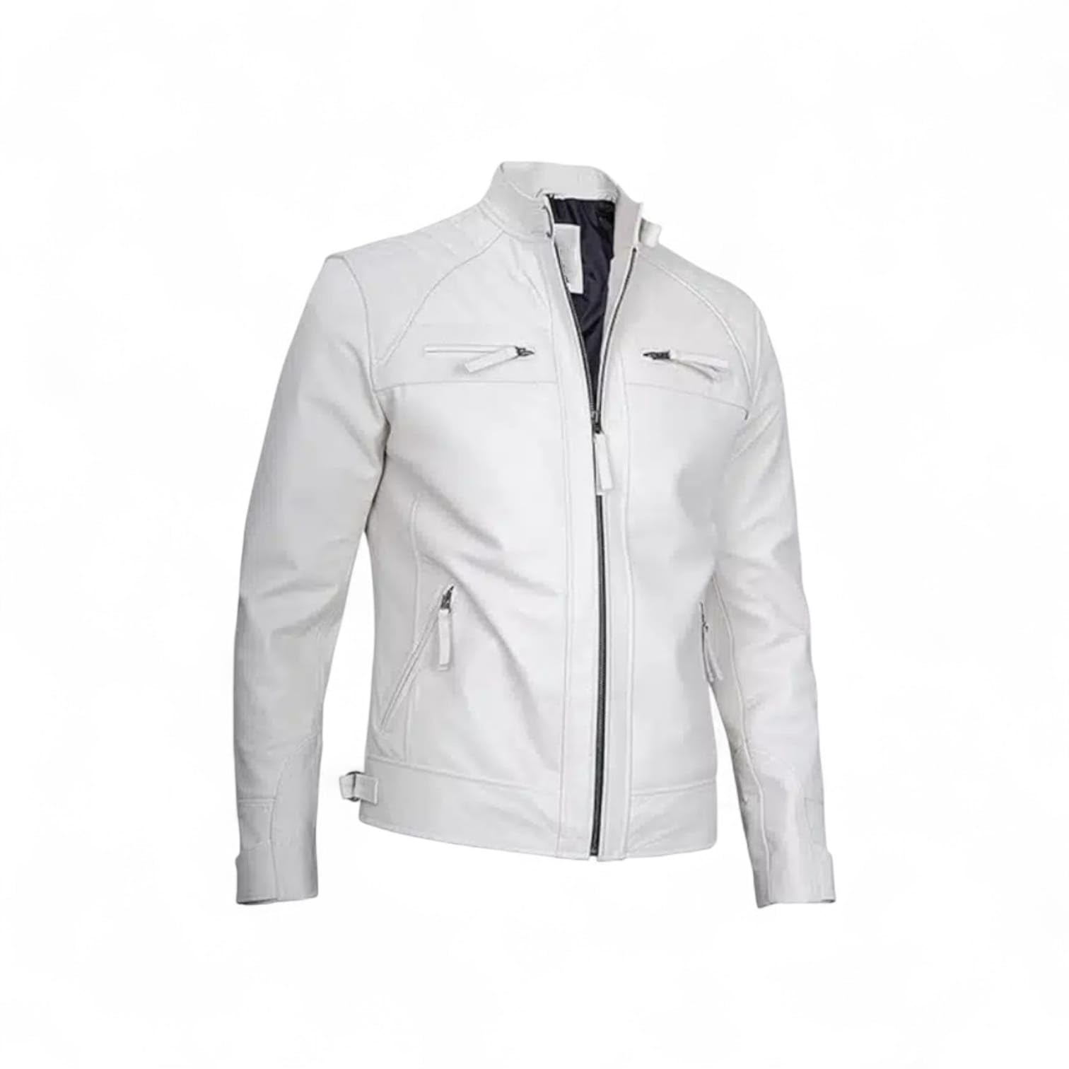 Chaqueta clásica de cuero blanco Cafe Racer para hombre, estilo motociclista