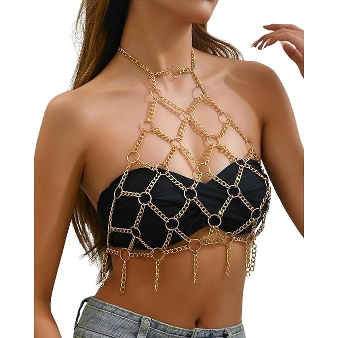 Decorative Body Chain Harness, Gold Tone Metal, Fashion Accessory