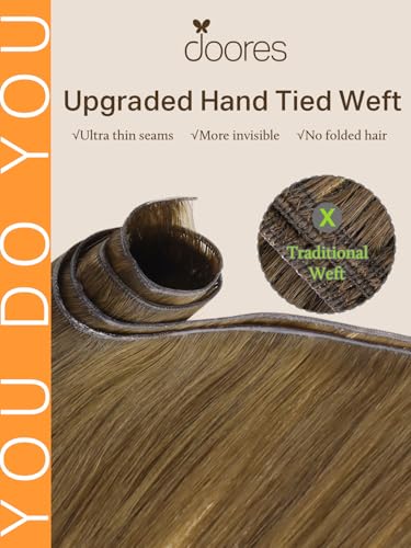 Image of DOORES Genius Sew in Weft Hair Extensions Human Hair Hand Tied, 14 Inch Medium Brown Highlighted Dirty Blonde 40g, Extensions Real Full Head