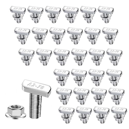 30 Stück Hammerkopfschrauben Set M10 x 25mm Hammerkopfschraube mit Sperrzahnmuttern Edelstahl A2-70 Flanschmuttern T Schrauben M10 für T Nut Schiene Gewächshaus Profilschienen