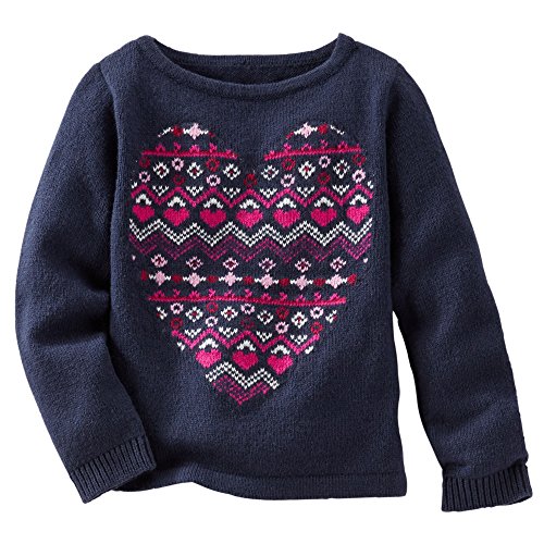 OshKosh b'gosh Girls Neon Fair Isle Heart Sweater; Navy & Pink (9M)