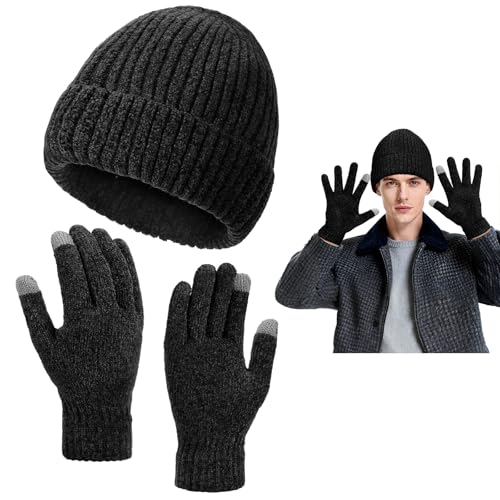 Fivali Winter Hat and Gloves Set: Windproof Thermal Knit Cuffed Beanie and Warm Touchscreen Gloves for Men Women in Cold Weather Outdoor Sports Commuting Skiing Hiking, Black
