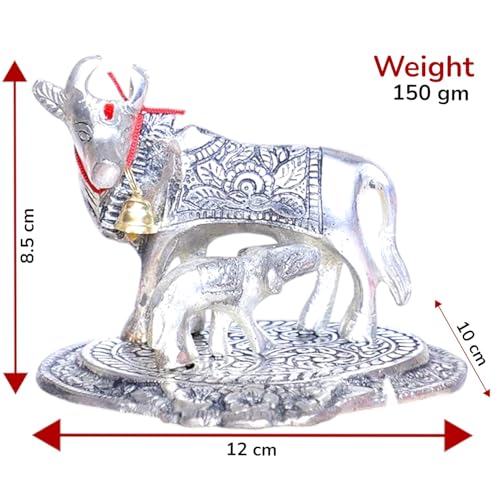 Image of KridayKraft Kamdhenu Cow,Calf with Bal Gopal Krishna Metal Statue for Good Luck,Feng Shui As Table Top Figurine,Vastu,Religious Gau MATA Idol Home,Office&Table (Silver, Small)