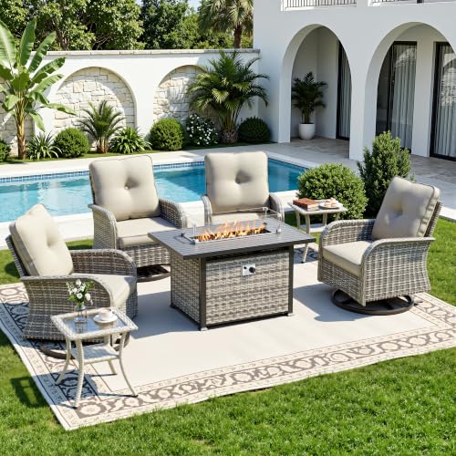 Image of 7-Piece Small Patio Furniture Set, Outdoor Swivel Rocking Chairs Set with 55,000 BTU Fire Pit Table Wicker Chairs and Tempered Glass Side Table, Patio Bistro Set for Balcony, Deck, Porch