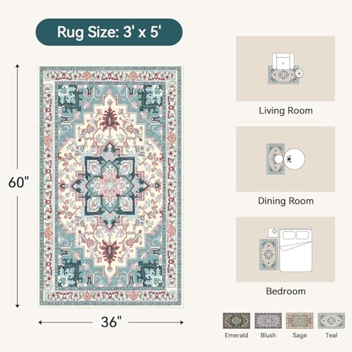 Lofus 3x5 Area Rugs for Living Room, Machine Washable Area Rug, Soft Small Rugs for Bedroom, Kitchen, Office and Indoor, Vintage Boho Carpet, Non-Slip Low Pile Carpets, Light Blue