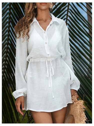 Milumia Women's Long Sleeve Bikini Cover Ups Collared Button Down Beach Shirt Dresses4