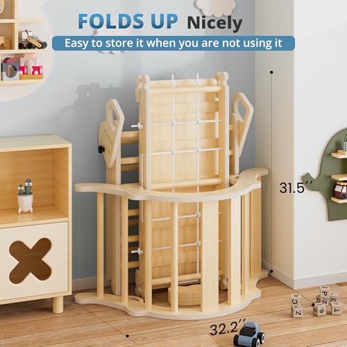 Image of BlueWood 10-in-1 Pikler Triangle Set, Toddler Climbing Toys Indoor, Montessori Climber, Baby Jungle Gyms with Arch, Extra Rope Ladder & Footprint Balance Beam - Natural Rustic