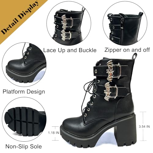 Image of MEOTINA Women Platform Boots Black Chunky Heel Ankle Booties Lace Buckle Combat Boots with Zipper High Heel Goth Shoes