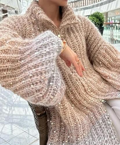 Womens Oversized Sequin Sweater Fashion Stand Collar Lantern Sleeve Zip Up Cardigan Sweaters2