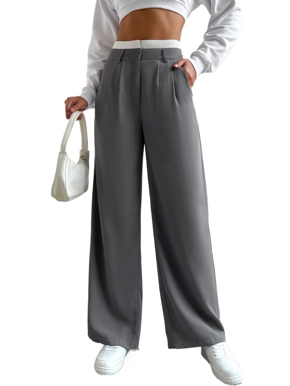 Womens Fall Spring High Waist Wide Leg Suit Pants Trousers Gray