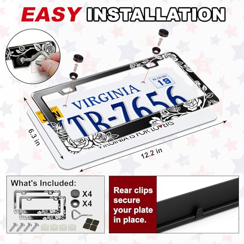Image of License Plate Frame, Flower Aluminum Universal Car Plate Holder | Universal Aluminum Black Car License Plate Cover with Screws for Women Men