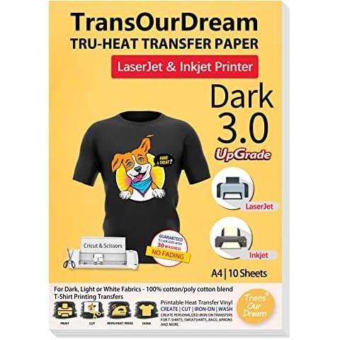 TransOurDream Tru-Transfer Paper Upgraded 3.0 10 Sheets A4 for Inkjet&Laser Printer Iron On Heat Transfer Paper for Dark Fabric Transfer Paper for Black T-Shirts Printable Vinyl(Trans-03-10) Cover