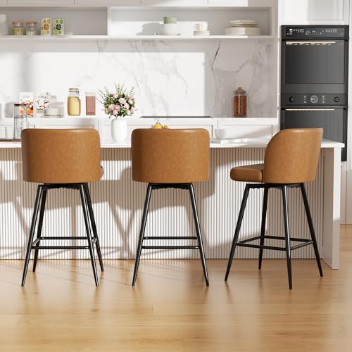 Image of Swivel Bar Stools Set of 3, 26 inch Counter Height Bar Stools with High Back and Metal Legs, Faux Leather Bar Chairs, Modern Barstools for Kitchen Island, Caramel