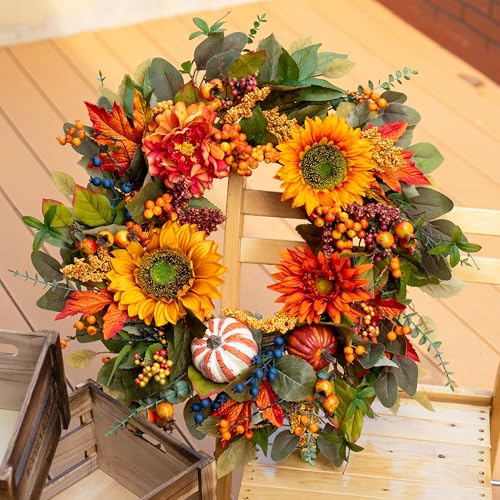 Image of 24 Inch Harvest Fall Wreaths for Front Door Outside with Sunflowers | Artificial Autumn Wreath with Pumpkins Berries Maple Leaves - Fall Door Wreath for Porch Entryway Thanksgiving Decor
