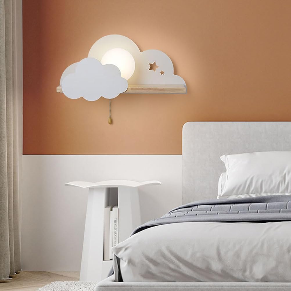 AoLa E27 Wandleuchte mit Schalter Wandlampe Innen Wolkenform mit Holzen Regal Kinder Wandbeleuchtung Weiß Modern Junge Mädchen Nachttischlampe für Babyzimmer Schlafzimmer Wohnzimmer