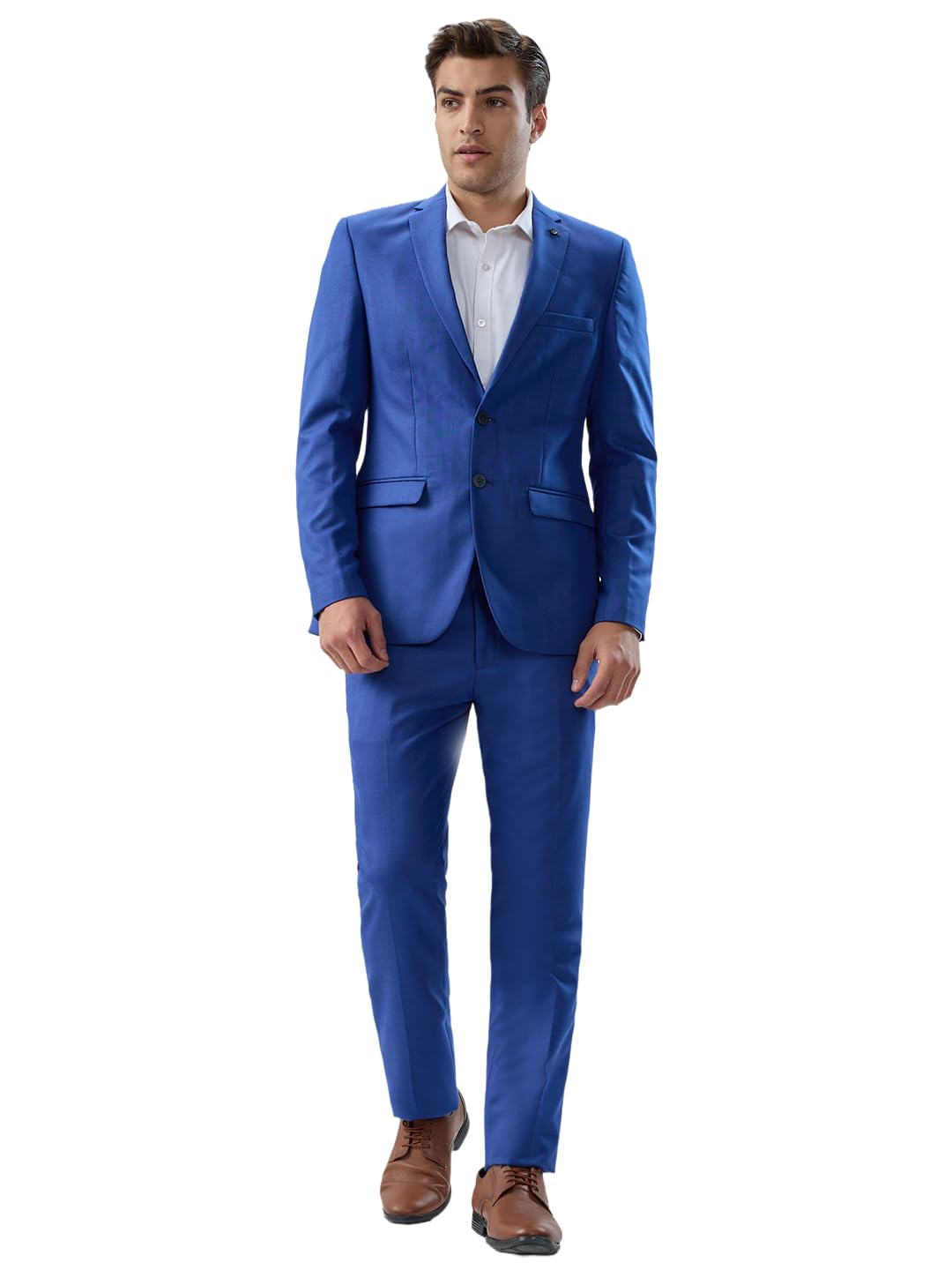 Men Slim Fit Checks Pattern Poly Viscose Blend Notch Lapel Flat Front Formal Suit Dark Blue-image-39