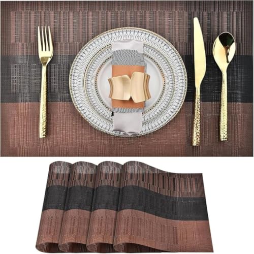 Image of Potency Table Mats Set of 4, Woven Placemate for Dining Table, Heat-Resistant Placemats Stain Resistant Anti-Skid Washable PVC Table Mats, Vinyl Placemats for Dining Kitchen Restaurant Table (A-Brown)