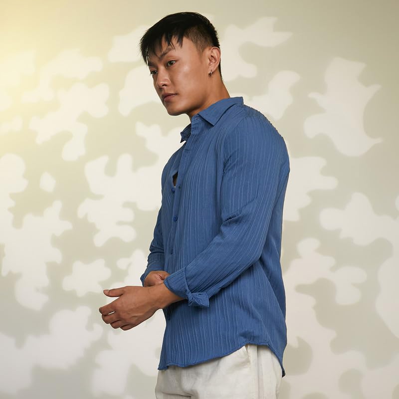 Image of CAHOOT Men's Veined-Textured Shirt | Casual Wear | Spread Collar | Long Sleeve | Button Closure | Shirt Crafted with Comfort Fit for Everyday Wear