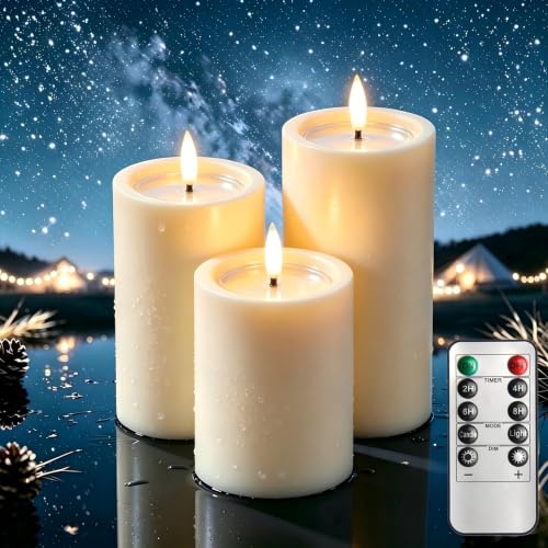 Image of Outdoor Candles with Timer Waterproof, 3PCS Flameless Candles with Remote Battery Operated Candles, Realistic Flame Effect LED Pillar Candles for Fireplace Halloween Christmas Patio Centerpieces