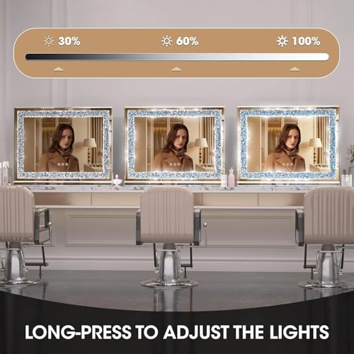 Image of Alfa Design Diamond Crush Wall Mounted LED Mirror | Touch Sensor 3 Light Modes for Bathroom Vanity Mirror, Washbasin, Farmhouse & Bedroom LED Crystal Rectangular 24 x 18 inch