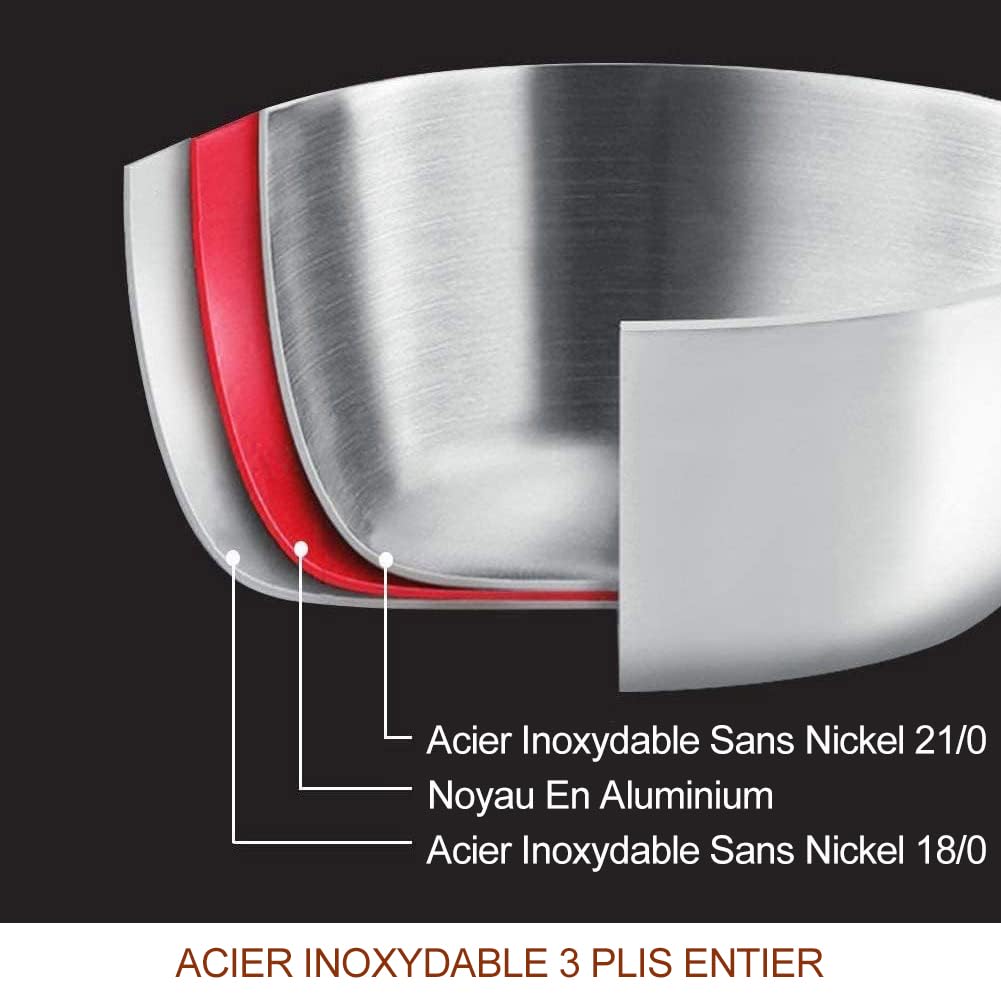 HOMICHEF batterie de cuisine en acier inoxydable sans nickel 14 pièces 3 Plis Entièrement Revêtue - Marmites et poêles polies miroir - Batterie de cuisine à induction non toxique avec cuiseur vapeur