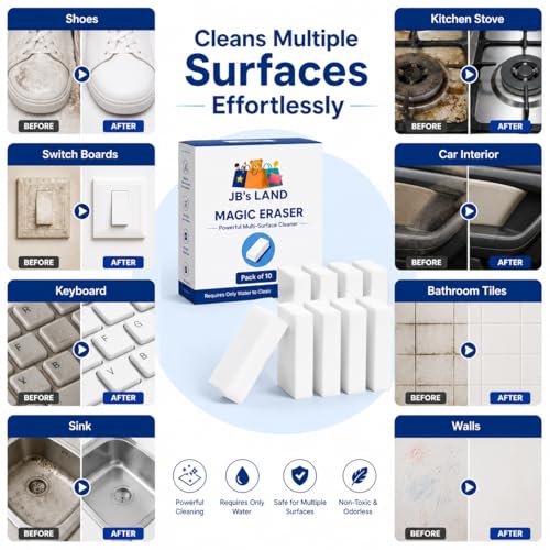 Image of Magic Eraser Sponge | Pack of 5 | No Scratch Multi-Surface Cleaning Sponge | Removes Tough Stains | Just Add Water | for Walls, Kitchen, Bathroom, Shoes, Switch Boards & Utensils