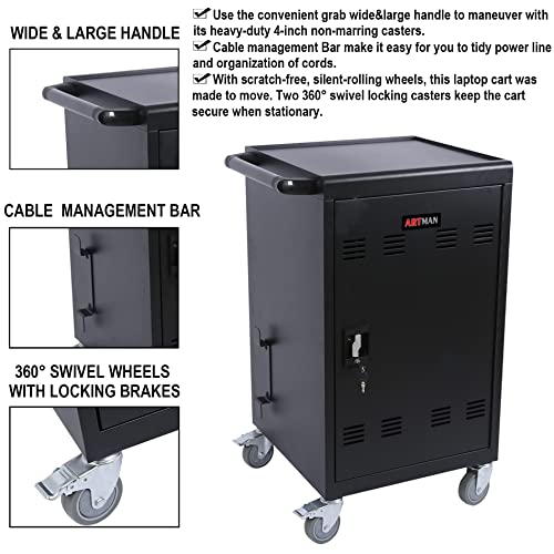 30 Device Mobile Locking Ipad Cart, Charging And Storage Cart For Ipad Laptop Computers & Chromebook Charging Cart, Up To 16.3-Inch Screen Size, Surge Protection, Front & Back Access Locking Cabinet #TOP3