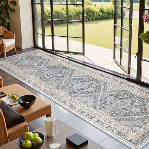 Restydon Kitchen Runner Rug Non Slip Washable Rugs 2.5x10, Blue/Beige