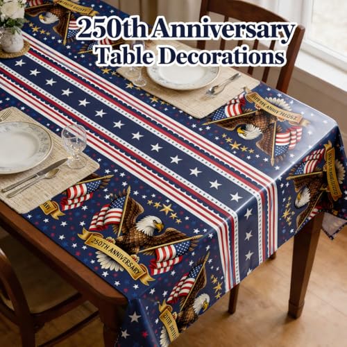 Image of OHOME 250th Anniversary American Flag Tablecloth for 4th of July Decorations | 250 Anniversary USA Merchandise | Patriotic 1776-2026 Fourth of July Accessories for Home Outdoor Outside,2 Pack