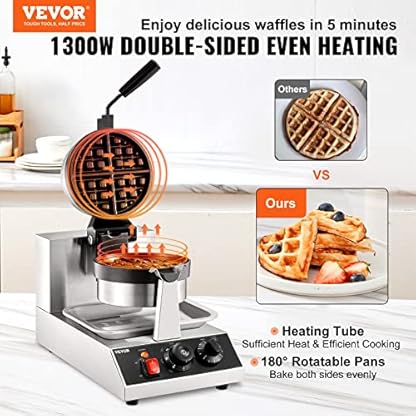 VEVOR Rundes Waffeleisen Waffel 1300 W, Kontaktgrill Belgische Waffeleisen 4 Stk. Edelstahl Waffeln Automat inkl. Lebensmittelclip & Bürsten & Verbrühungssicherer Griff, für Cafés, Restaurant usw. – Bild 3